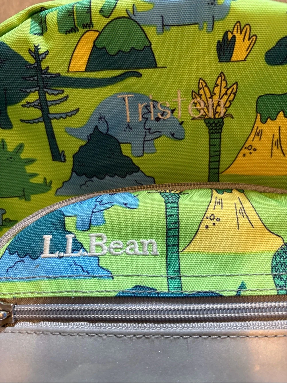 L.L. Bean Kids Dinosaur Print Small Backpack Green & Blue School Boy 16”x12”x4”